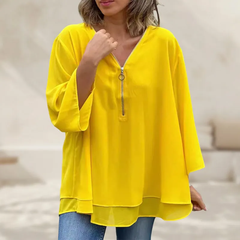 Heidi - Flowy V-Neck Zipped Top
