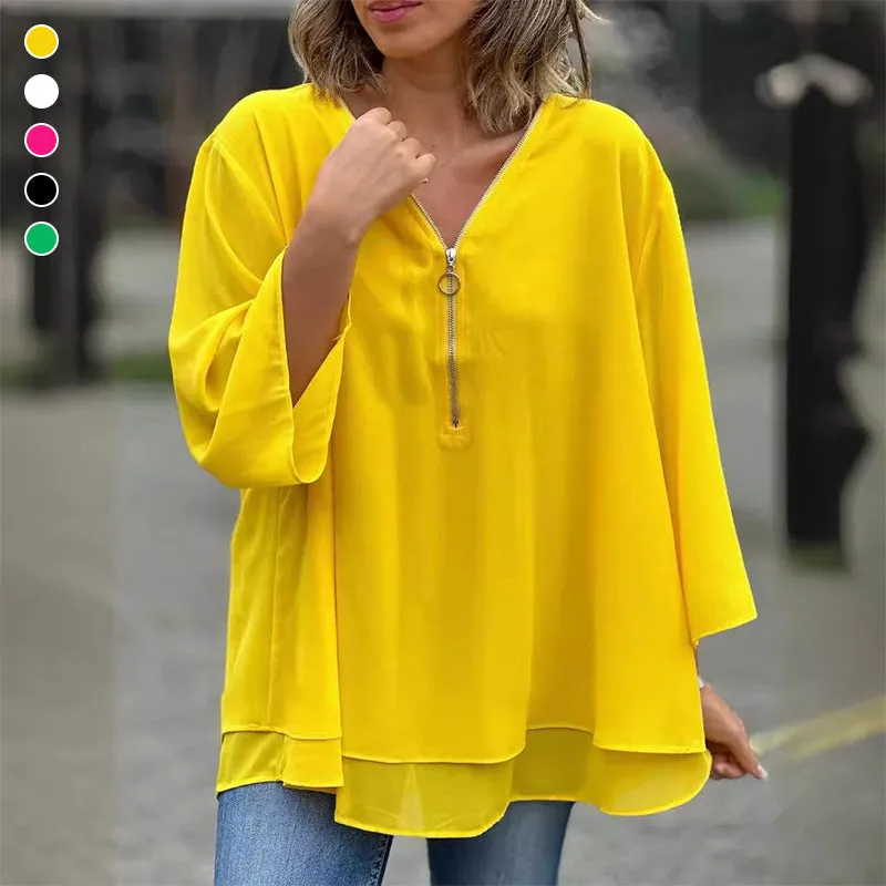 Heidi - Flowy V-Neck Zipped Top