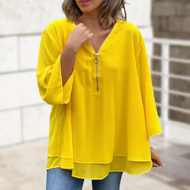 Heidi - Flowy V-Neck Zipped Top