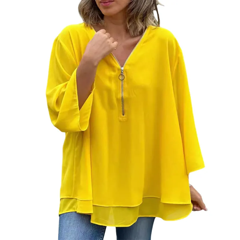 Heidi - Flowy V-Neck Zipped Top