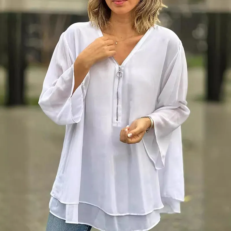 Heidi - Flowy V-Neck Zipped Top
