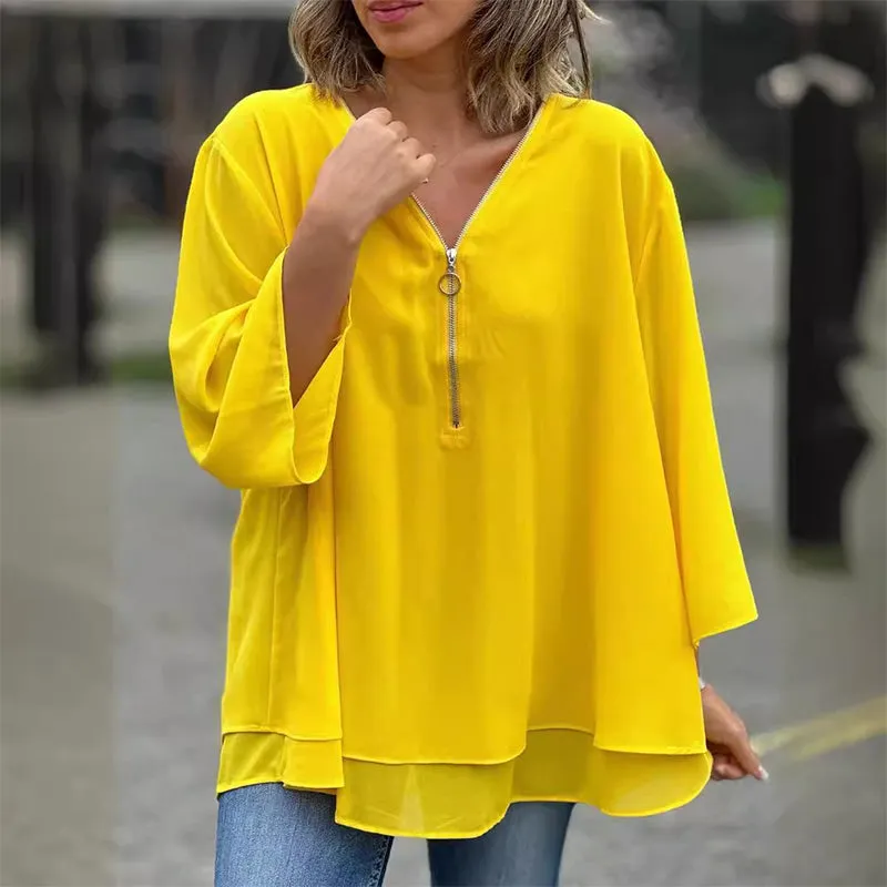 Heidi - Flowy V-Neck Zipped Top