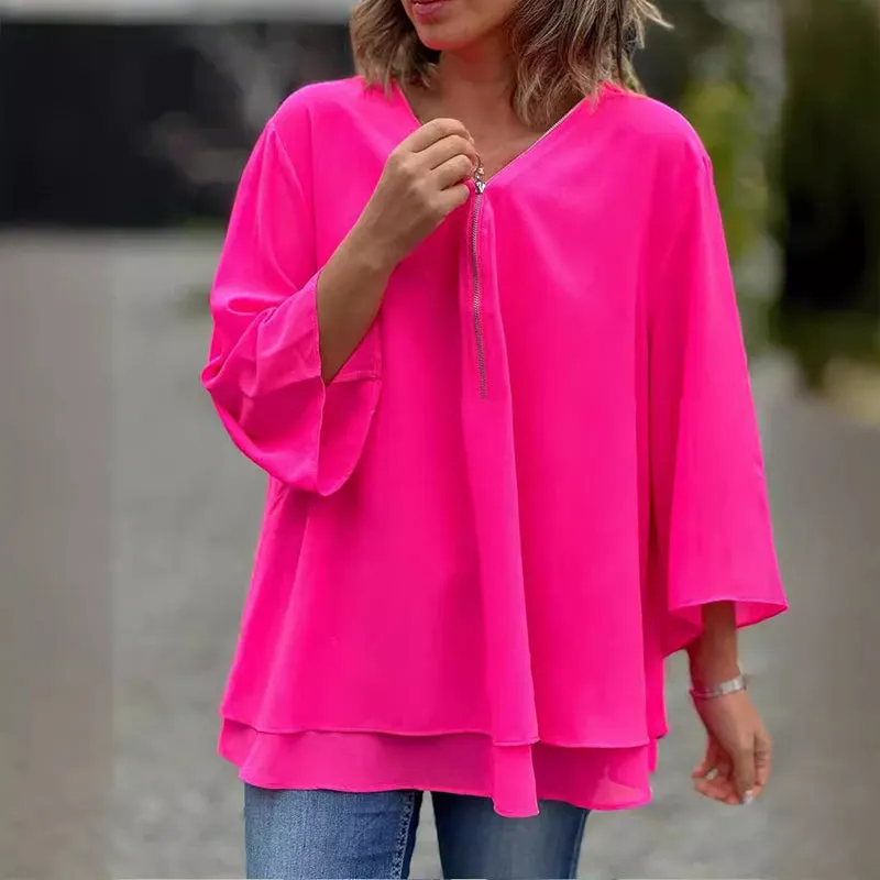 HEIDI- V-Neck Flowy Zipped Top
