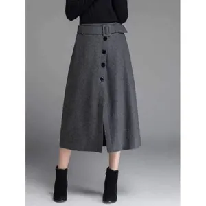 High Waisted Button Front Tea Length Skirt - Gray 2xl