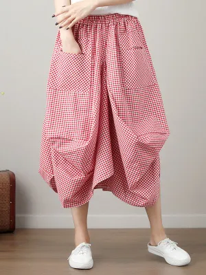 High Waisted Irregularity Elasticity Plaid Pleated Pockets Skirts