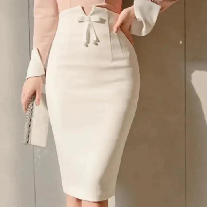 High-Waisted White Pencil Skirt with Back Split