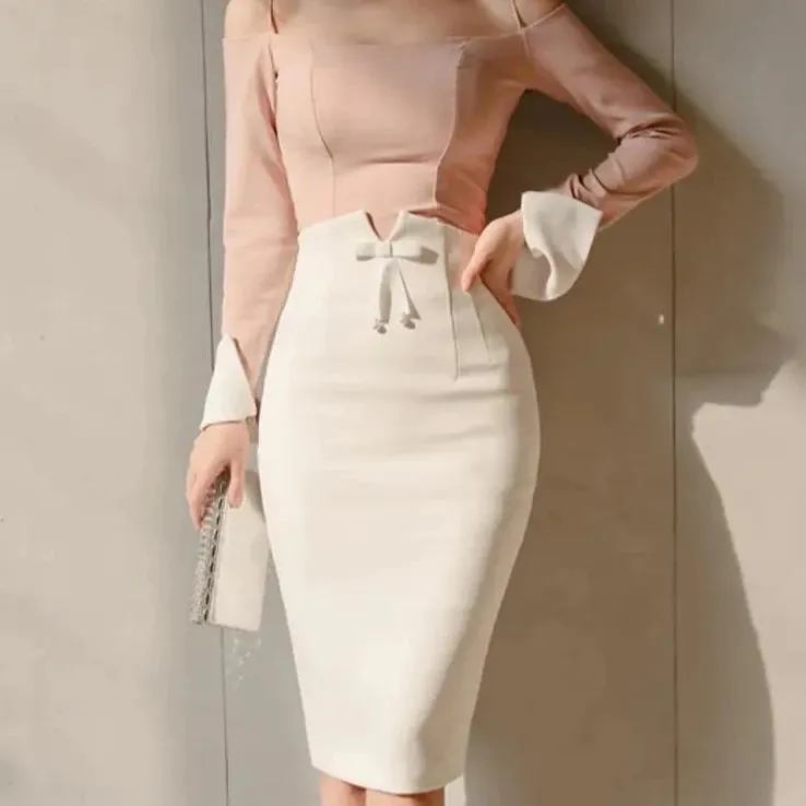 High-Waisted White Pencil Skirt with Back Split