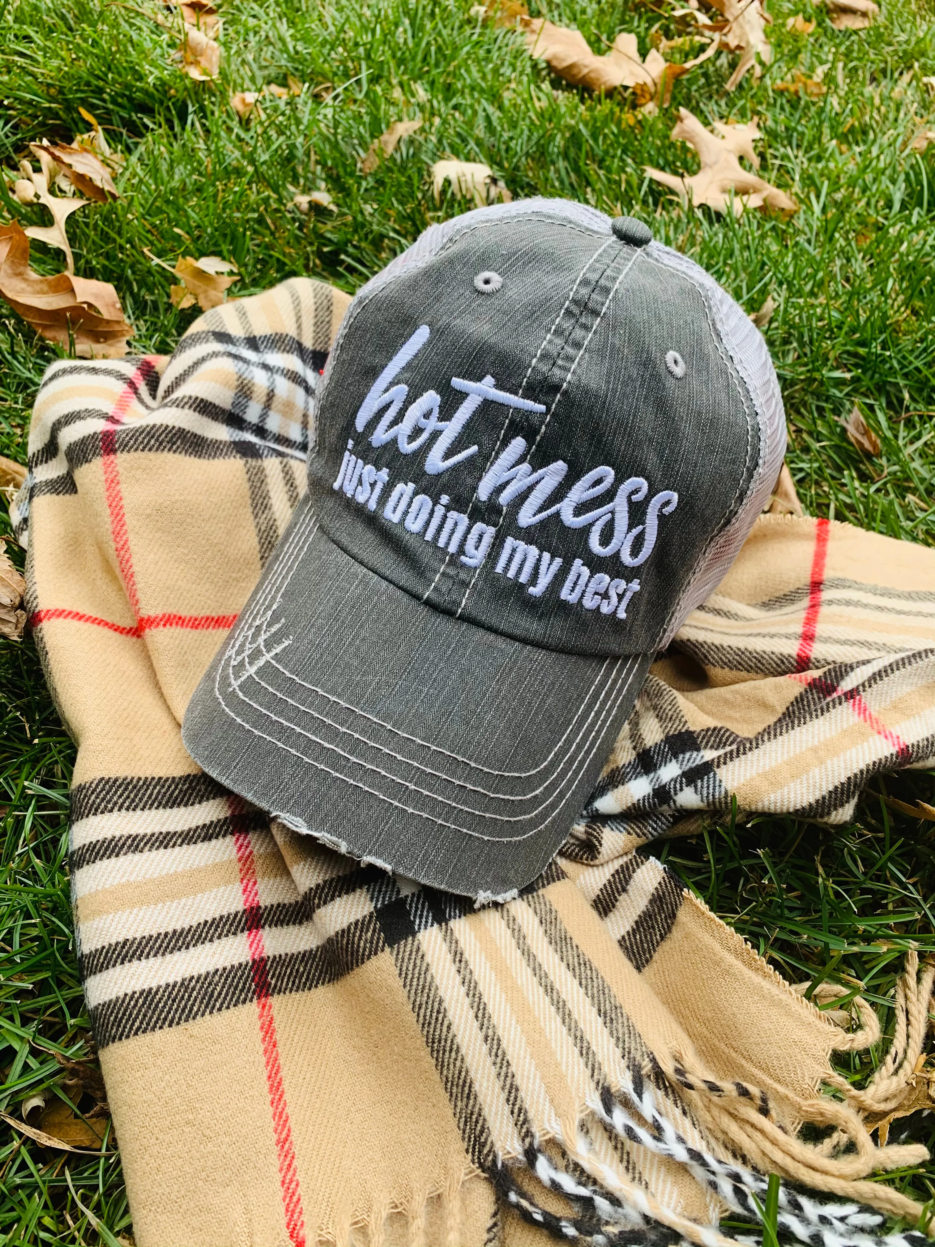HOT MESS just doing my best hats Embroidered gray distressed unisex trucker caps Womens gift
