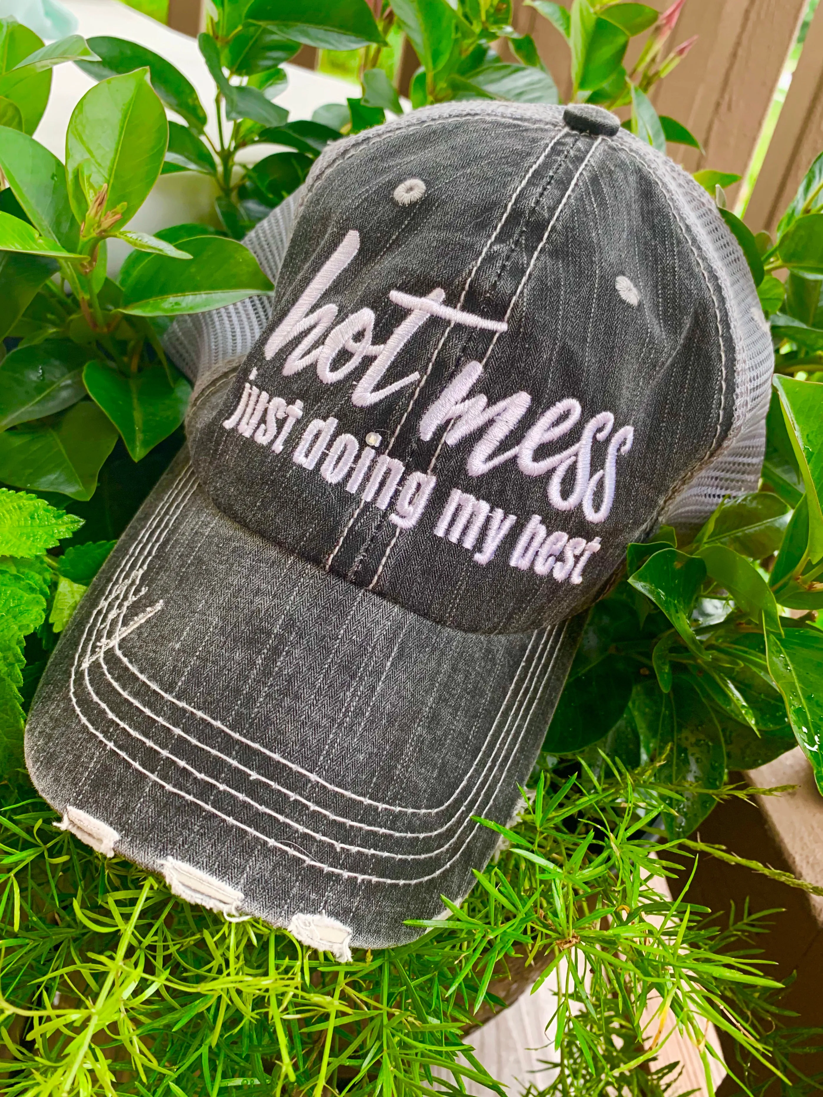 HOT MESS just doing my best hats Embroidered gray distressed unisex trucker caps Womens gift
