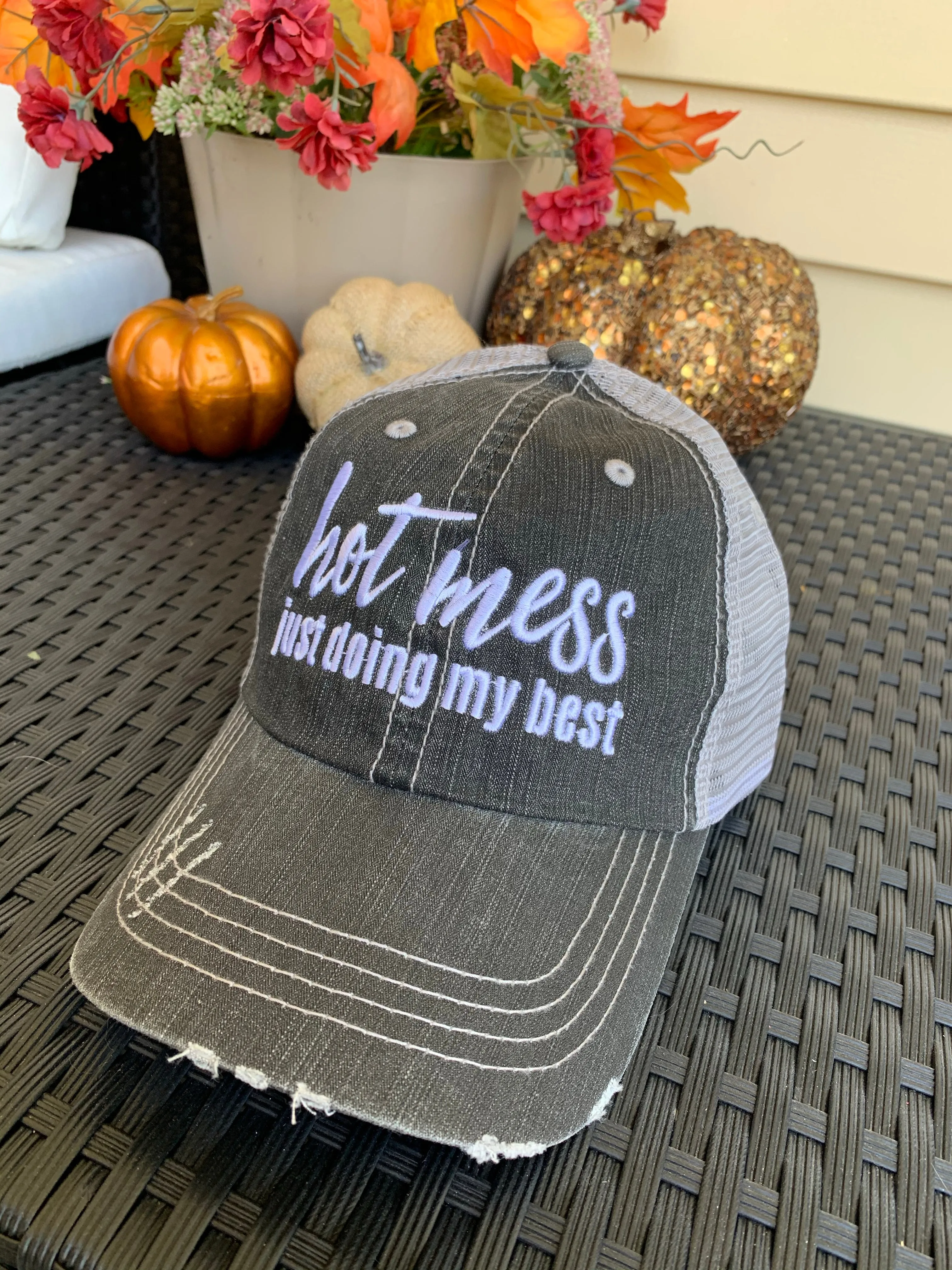 HOT MESS just doing my best hats Embroidered gray distressed unisex trucker caps Womens gift