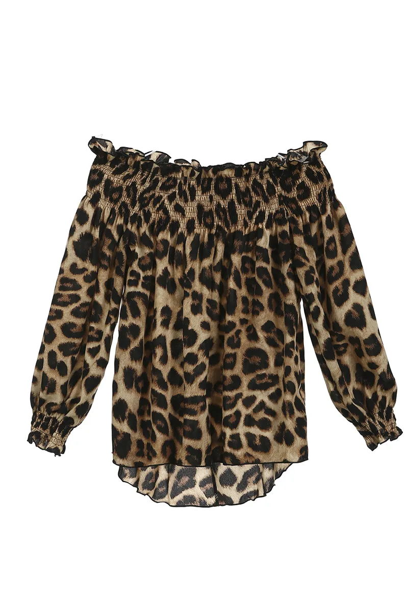 HTT1283 Leopard Off-Shoulder Blouse Top