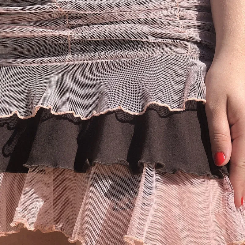 Hulianfu Y2K Aesthetic Pleated Skirts Women Low Waist Ruffles Mini Skirt Patchwork Pink Mesh Cute Kawaii Brown Bodycon Vintage Clothes