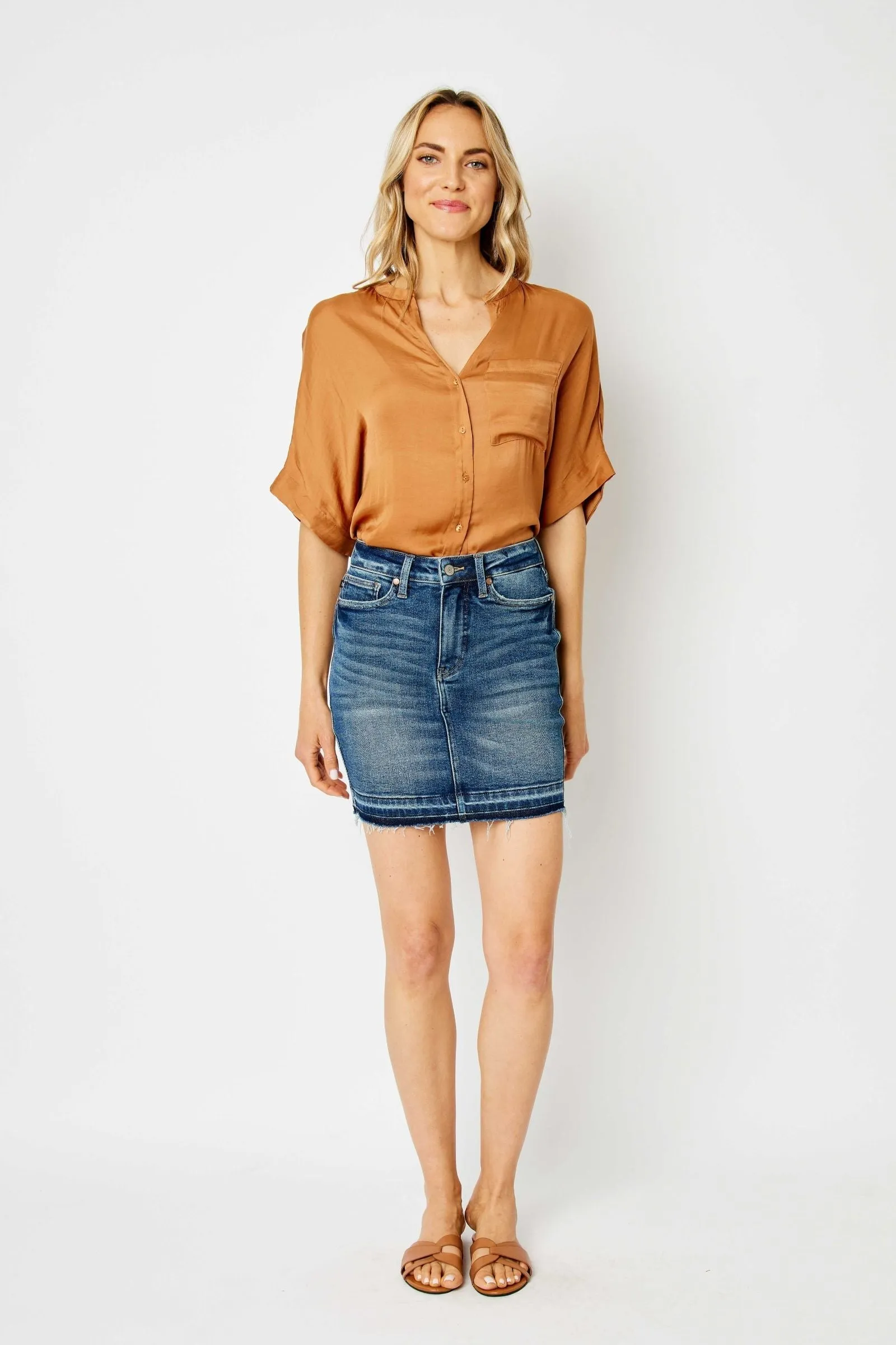HW TUMMY CONTROL RELEASE HEM DENIM SKIRT BY JUDY BLUE
