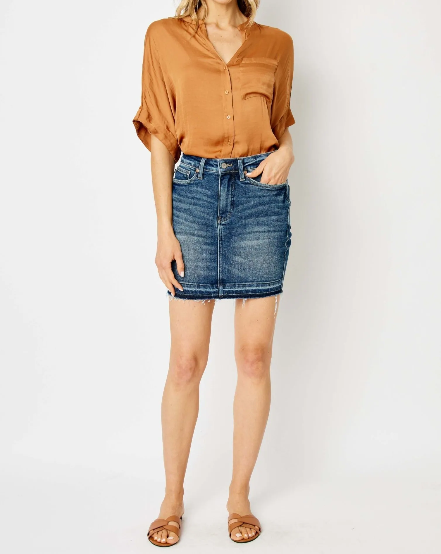 HW TUMMY CONTROL RELEASE HEM DENIM SKIRT BY JUDY BLUE