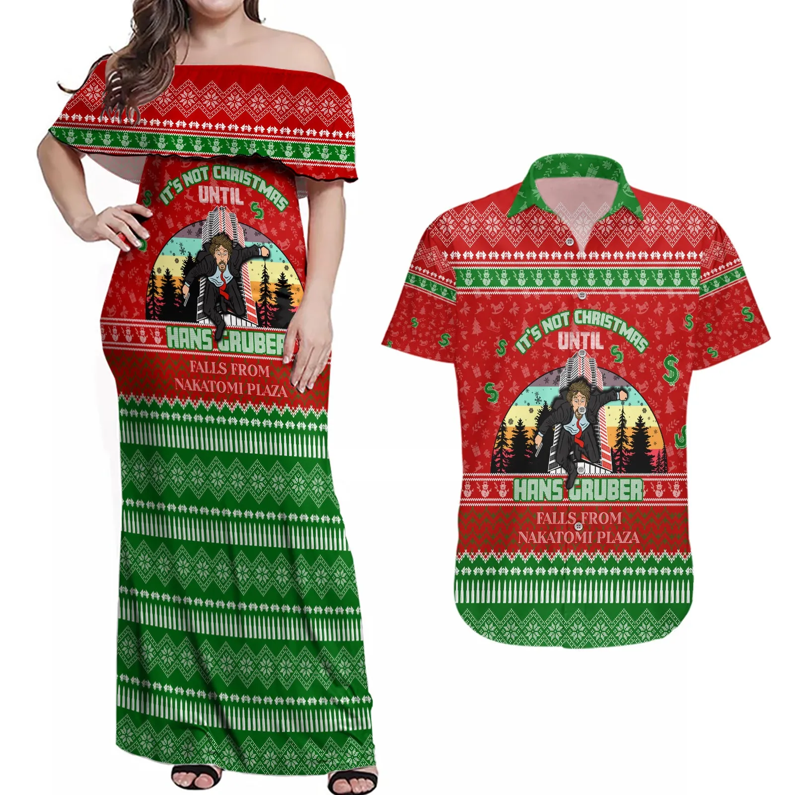It's Not Christmas Unil Hans Gruber Falls From Nakatomi Plaza Couples Matching Off Shoulder Maxi Dress and Hawaiian Shirt Xmas Eve 1988 DT02