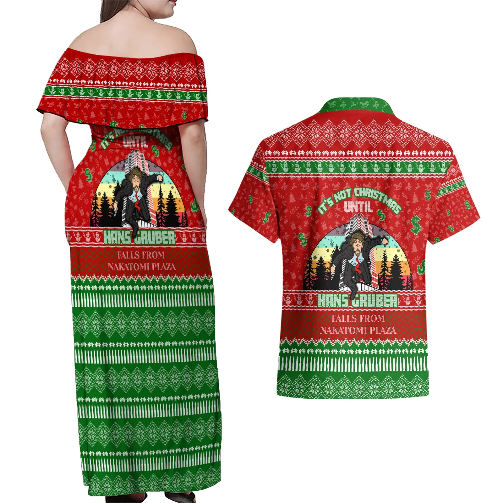 It's Not Christmas Unil Hans Gruber Falls From Nakatomi Plaza Couples Matching Off Shoulder Maxi Dress and Hawaiian Shirt Xmas Eve 1988 DT02