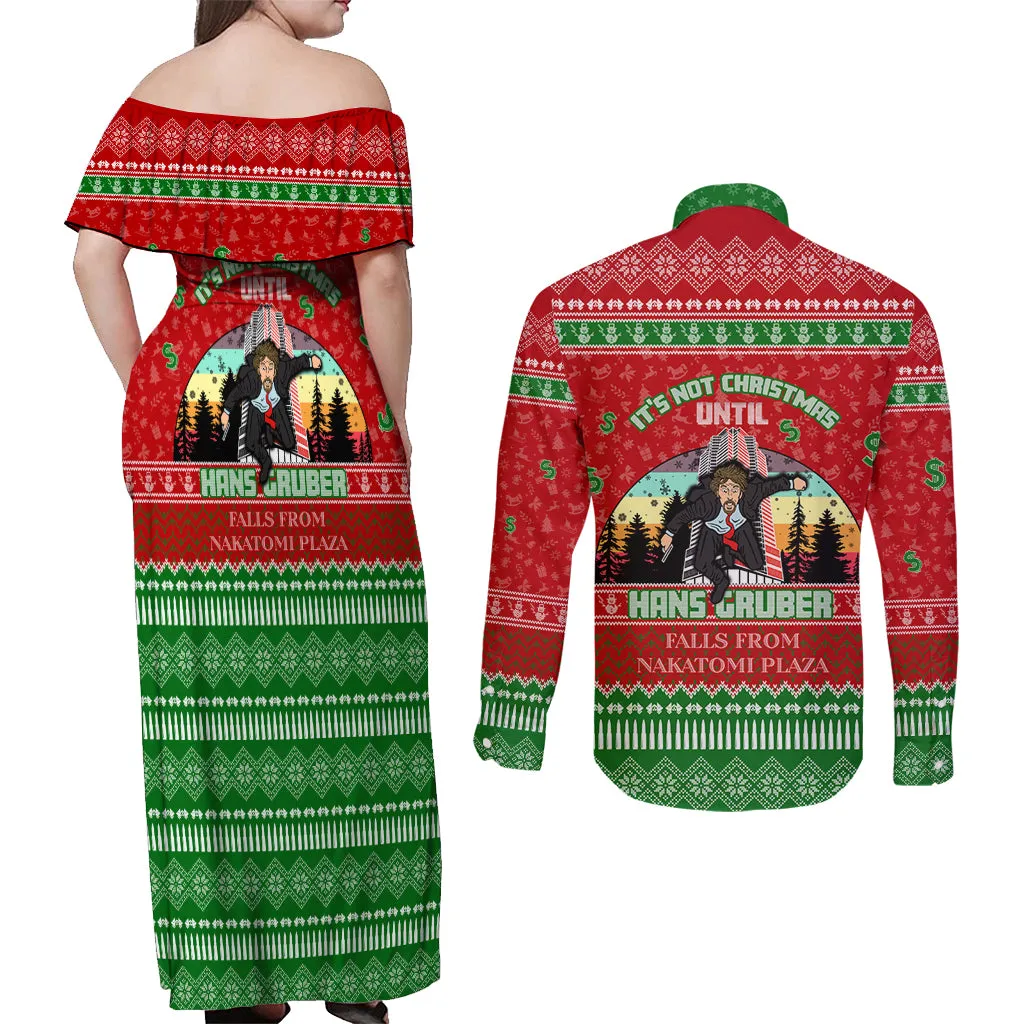 It's Not Christmas Unil Hans Gruber Falls From Nakatomi Plaza Couples Matching Off Shoulder Maxi Dress and Long Sleeve Button Shirts Xmas Eve 1988 DT02