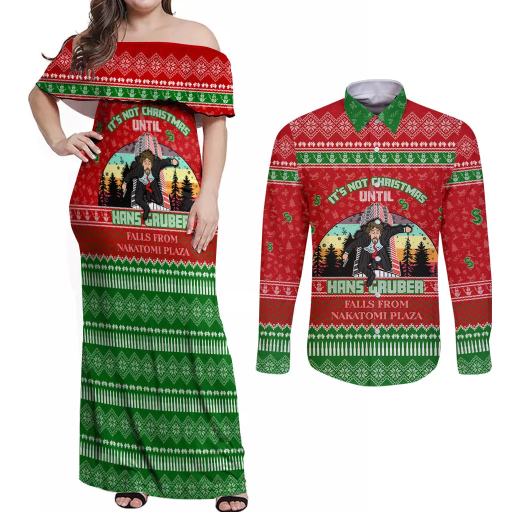 It's Not Christmas Unil Hans Gruber Falls From Nakatomi Plaza Couples Matching Off Shoulder Maxi Dress and Long Sleeve Button Shirts Xmas Eve 1988 DT02