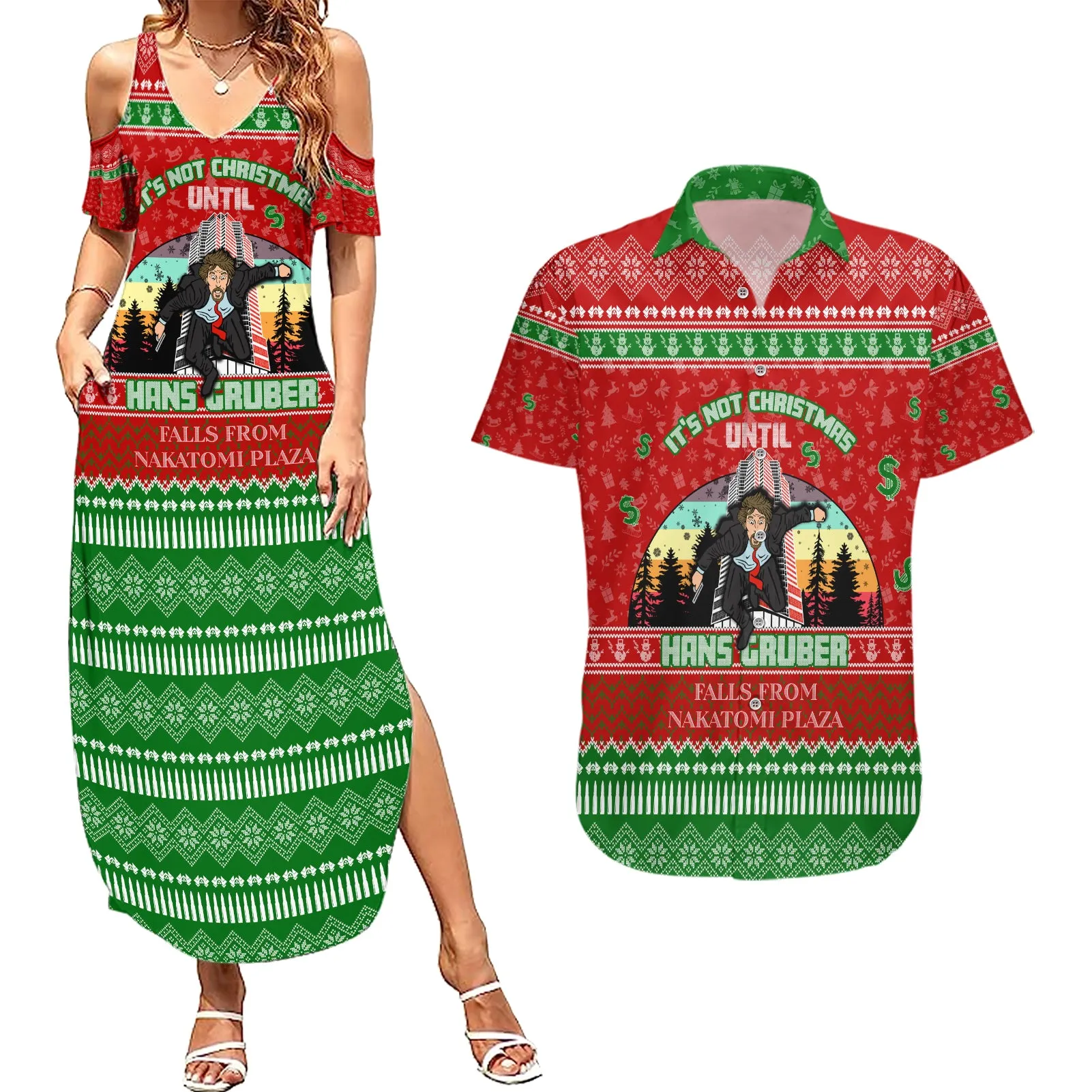 It's Not Christmas Unil Hans Gruber Falls From Nakatomi Plaza Couples Matching Summer Maxi Dress and Hawaiian Shirt Xmas Eve 1988 DT02