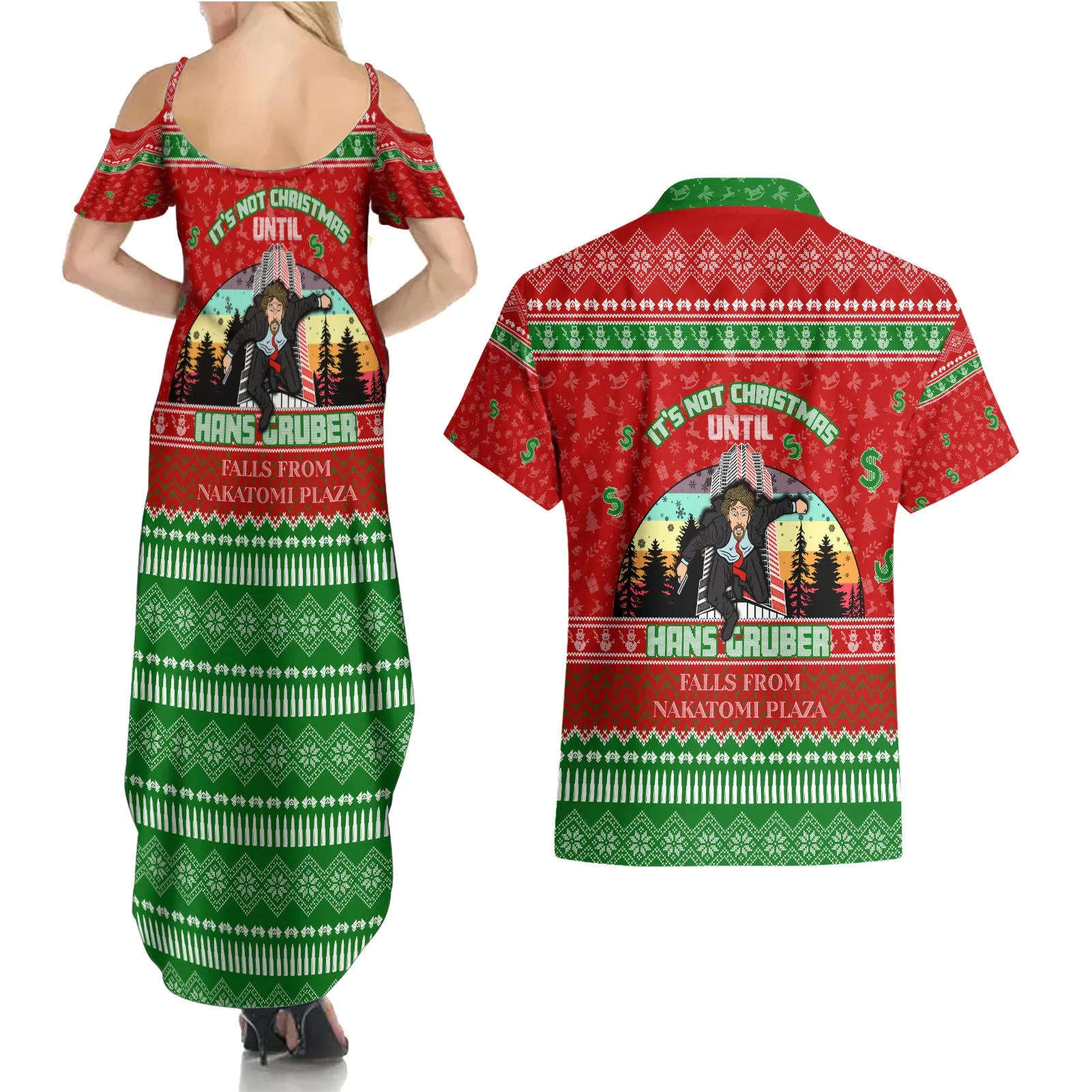 It's Not Christmas Unil Hans Gruber Falls From Nakatomi Plaza Couples Matching Summer Maxi Dress and Hawaiian Shirt Xmas Eve 1988 DT02