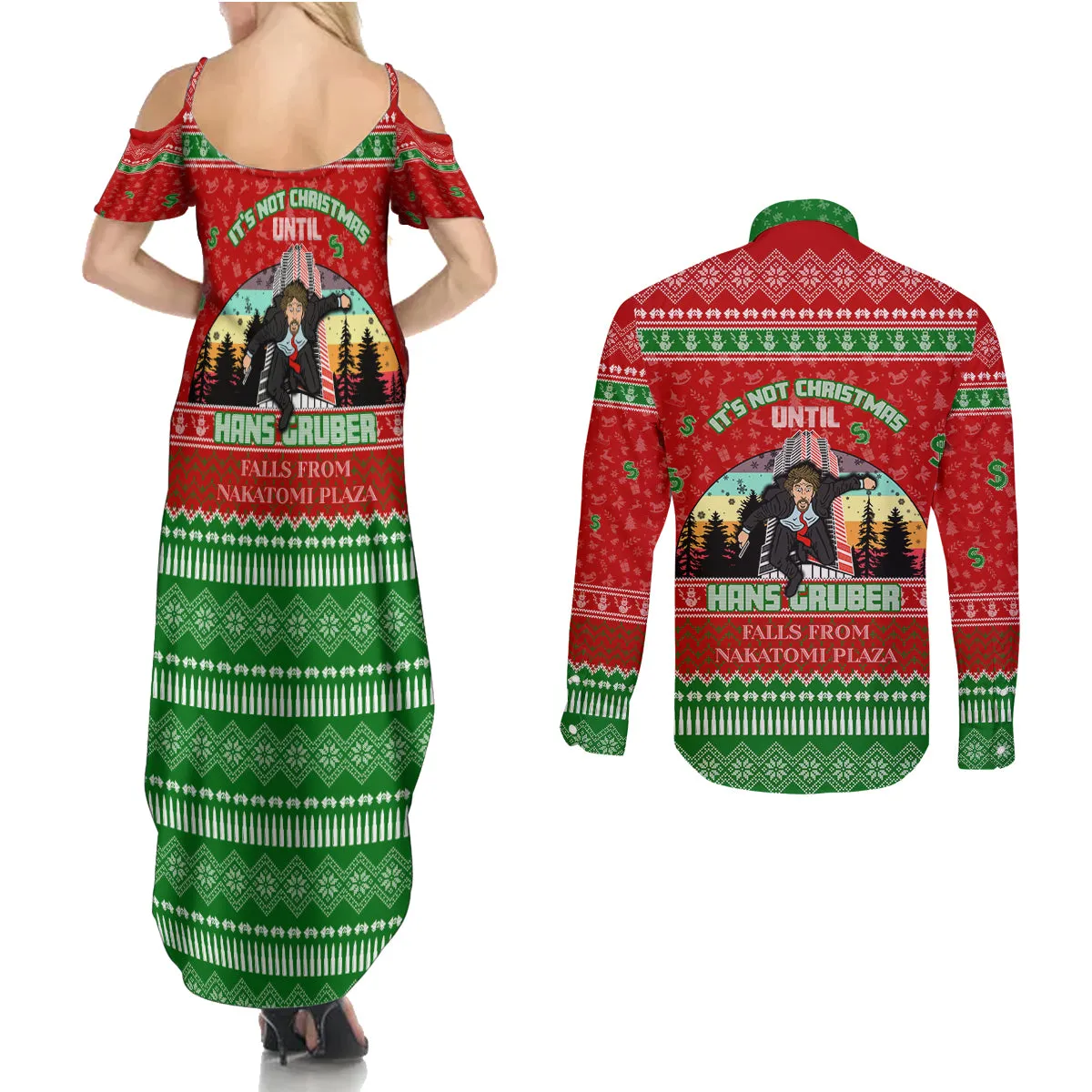 It's Not Christmas Unil Hans Gruber Falls From Nakatomi Plaza Couples Matching Summer Maxi Dress and Long Sleeve Button Shirts Xmas Eve 1988 DT02