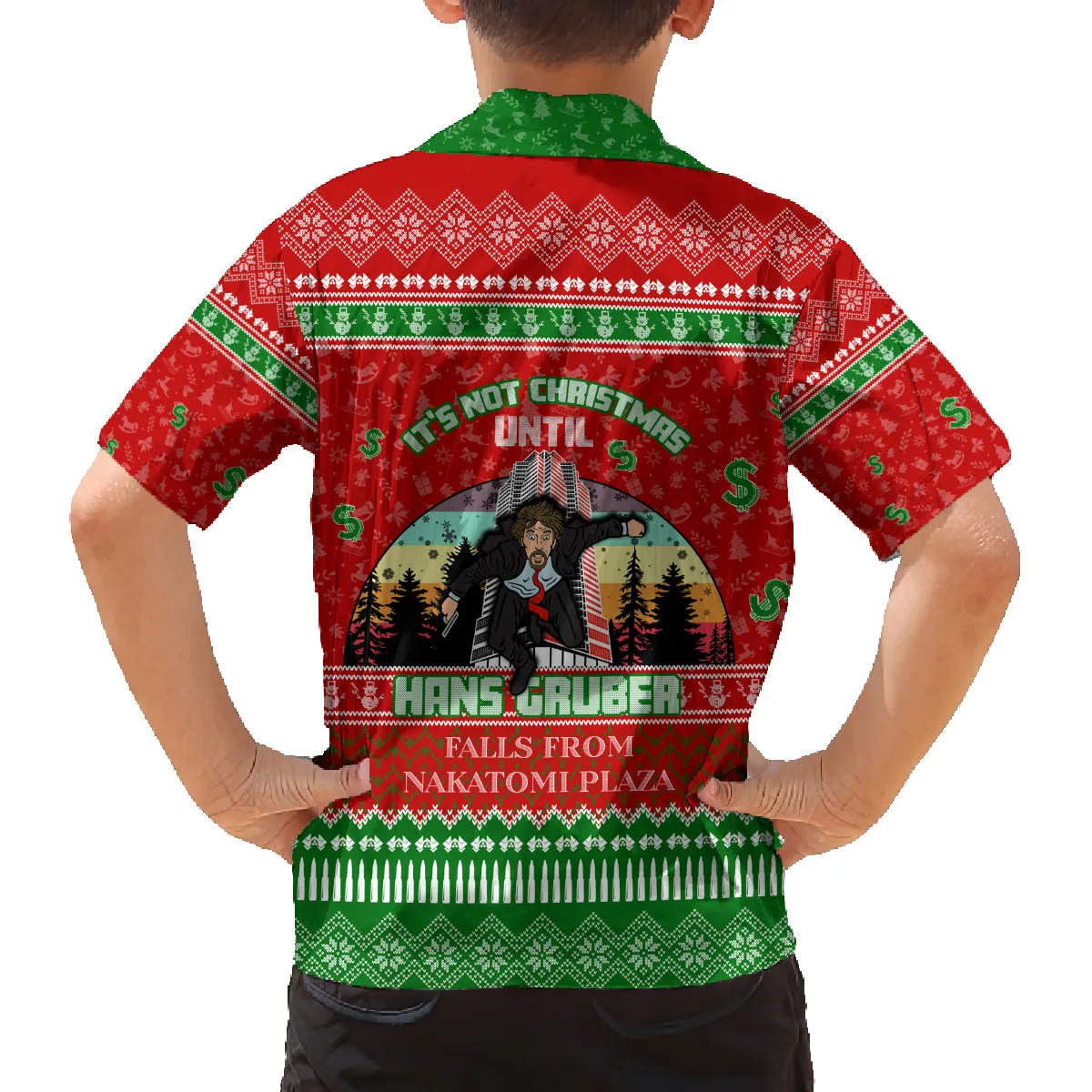 It's Not Christmas Unil Hans Gruber Falls From Nakatomi Plaza Family Matching Off Shoulder Maxi Dress and Hawaiian Shirt Xmas Eve 1988 DT02