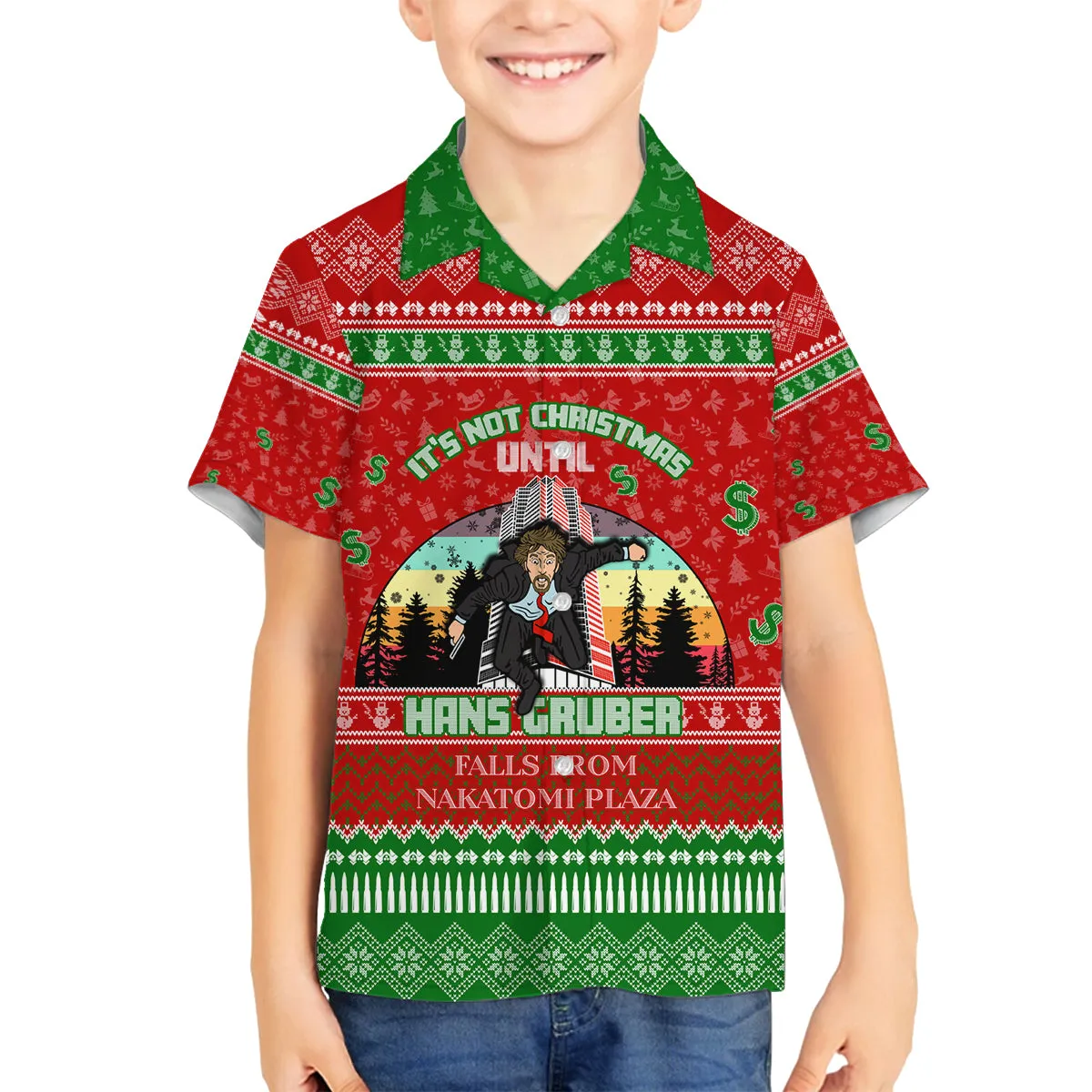 It's Not Christmas Unil Hans Gruber Falls From Nakatomi Plaza Family Matching Off Shoulder Maxi Dress and Hawaiian Shirt Xmas Eve 1988 DT02