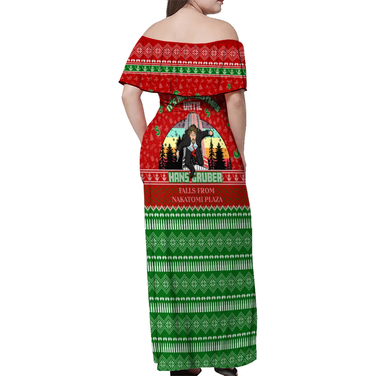 It's Not Christmas Unil Hans Gruber Falls From Nakatomi Plaza Family Matching Off Shoulder Maxi Dress and Hawaiian Shirt Xmas Eve 1988 DT02