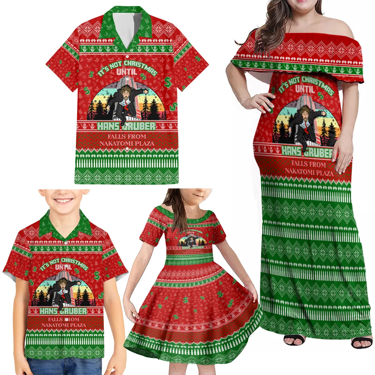 It's Not Christmas Unil Hans Gruber Falls From Nakatomi Plaza Family Matching Off Shoulder Maxi Dress and Hawaiian Shirt Xmas Eve 1988 DT02