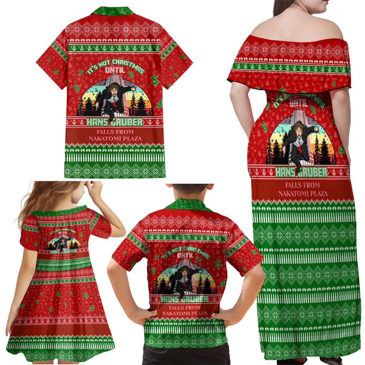 It's Not Christmas Unil Hans Gruber Falls From Nakatomi Plaza Family Matching Off Shoulder Maxi Dress and Hawaiian Shirt Xmas Eve 1988 DT02