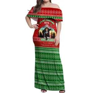 It's Not Christmas Unil Hans Gruber Falls From Nakatomi Plaza Off Shoulder Maxi Dress Xmas Eve 1988 DT02