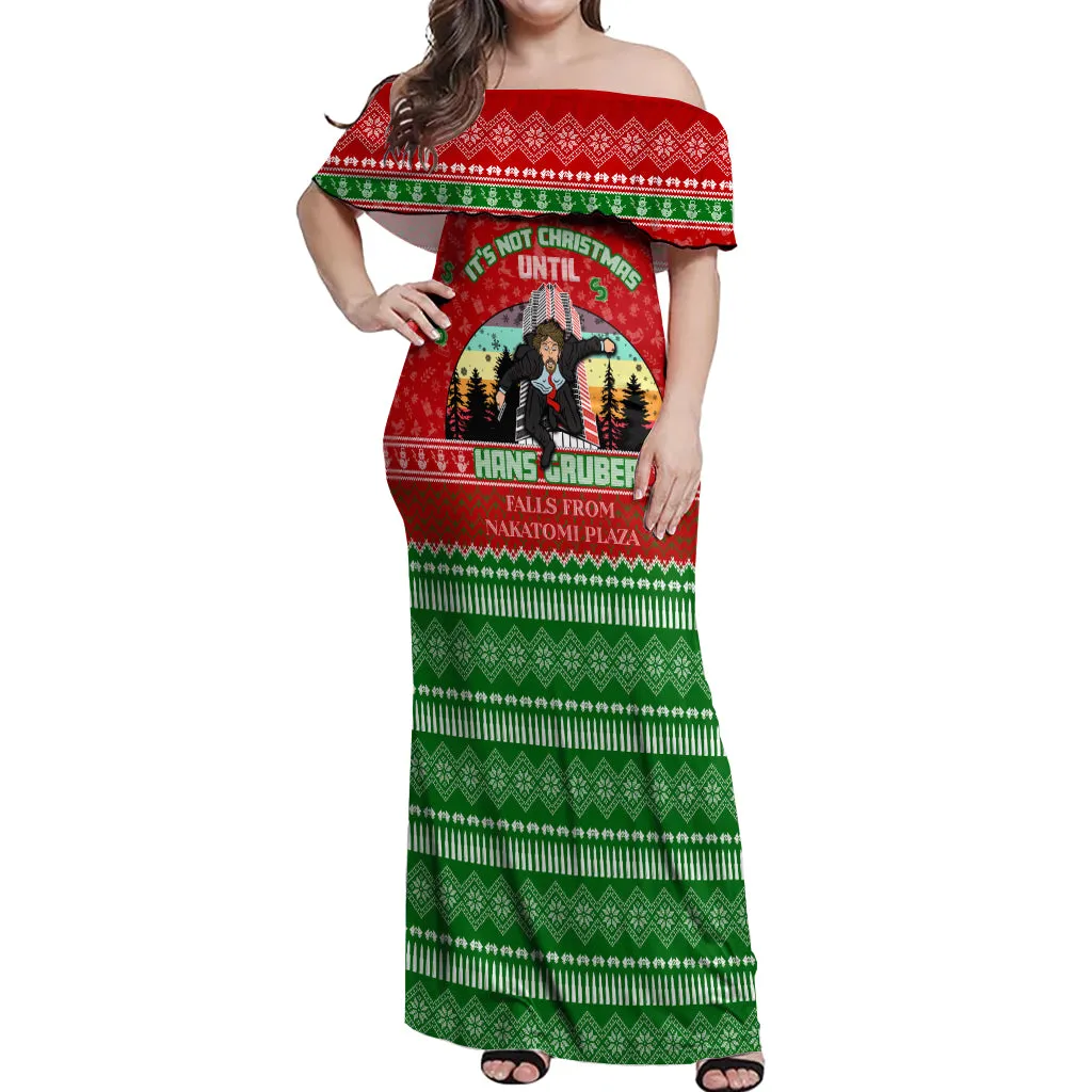 It's Not Christmas Unil Hans Gruber Falls From Nakatomi Plaza Off Shoulder Maxi Dress Xmas Eve 1988 DT02