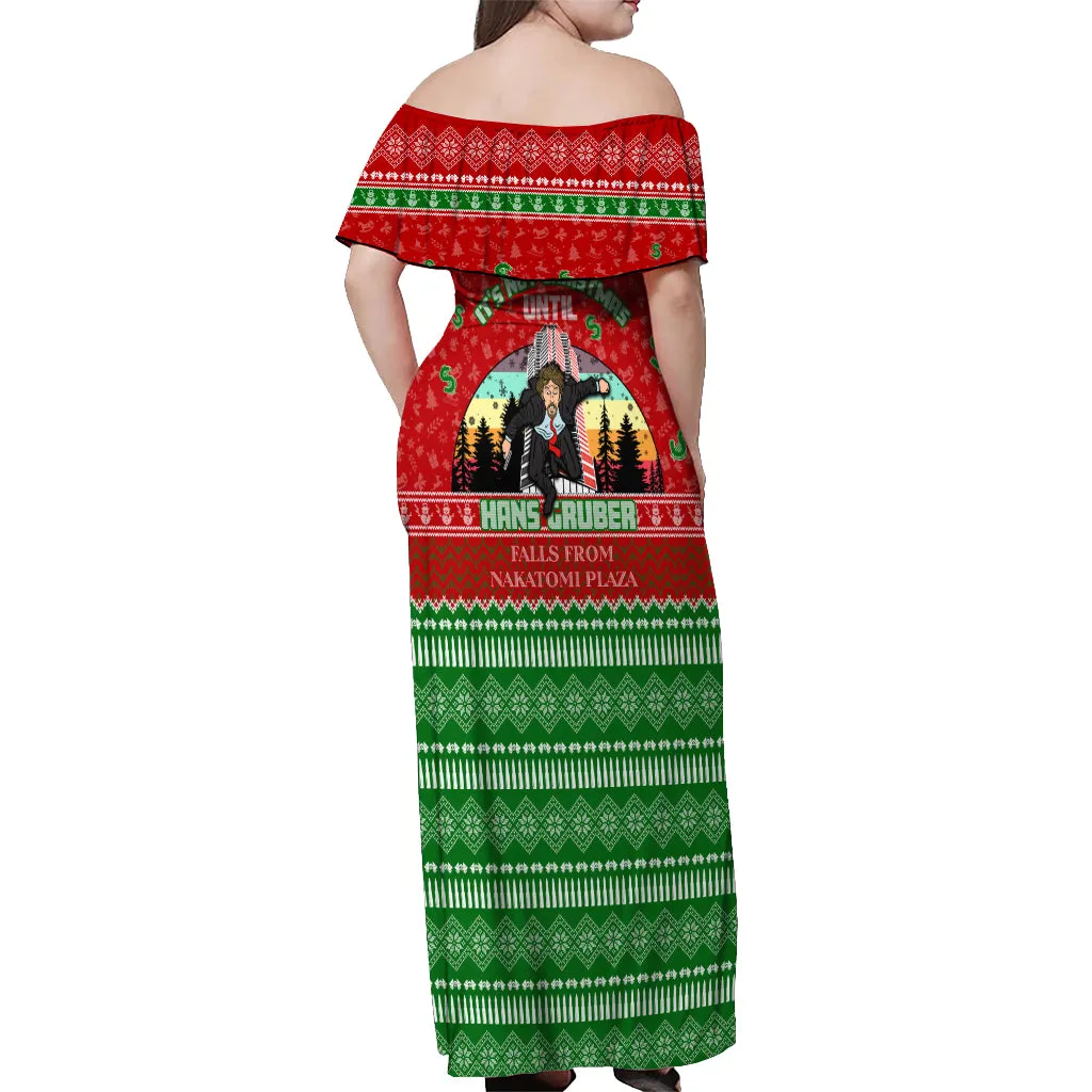 It's Not Christmas Unil Hans Gruber Falls From Nakatomi Plaza Off Shoulder Maxi Dress Xmas Eve 1988 DT02