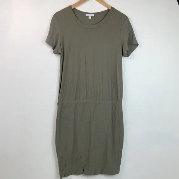 James Perse olive blouson T shirt mini dress shirred pencil skirt silhouette EUC