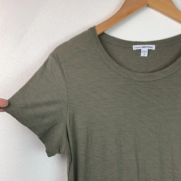 James Perse olive blouson T shirt mini dress shirred pencil skirt silhouette EUC
