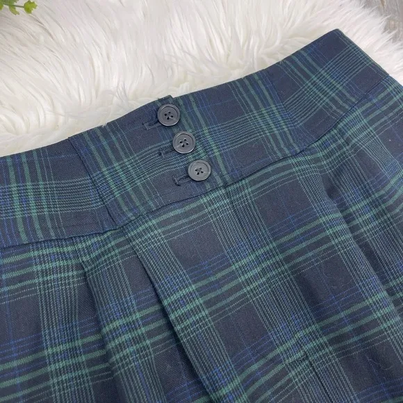 J.Crew #2 Pencil Pleated Skirt Green &amp; Blue Blackwatch Plaid with Pockets Size 6