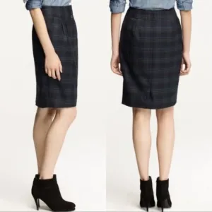 J.Crew #2 Pencil Pleated Skirt Green &amp; Blue Blackwatch Plaid with Pockets Size 6