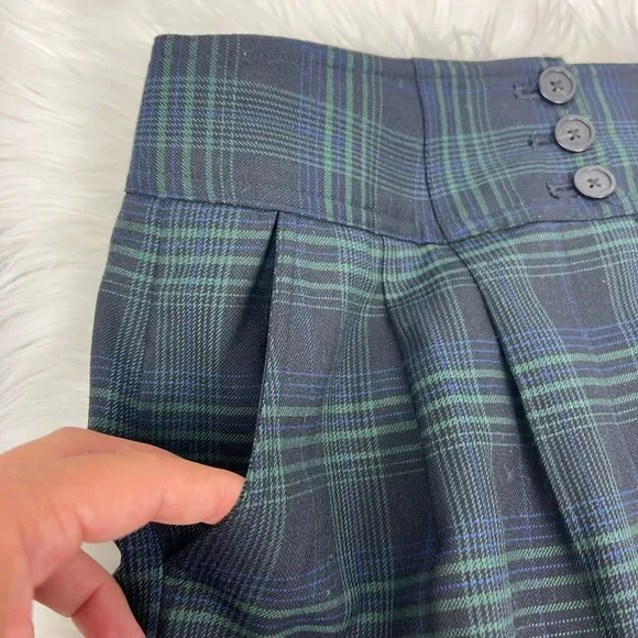J.Crew #2 Pencil Pleated Skirt Green &amp; Blue Blackwatch Plaid with Pockets Size 6