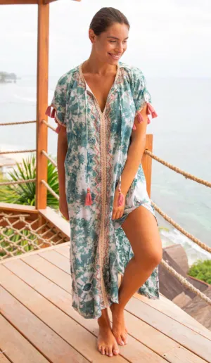Jelly aqua beaded long kaftan dress in teal