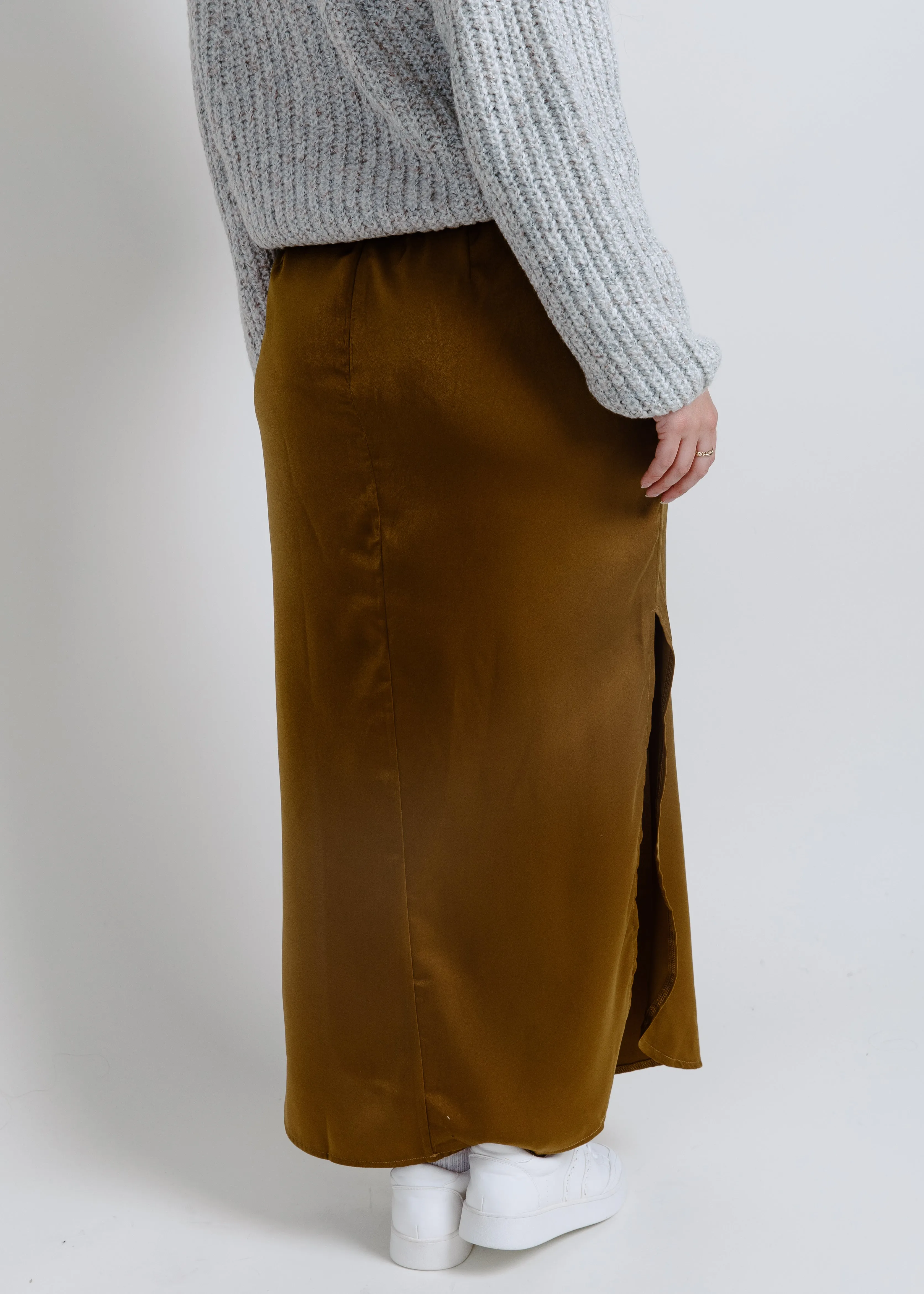 Kaity Satin Side Slit Midi Skirt