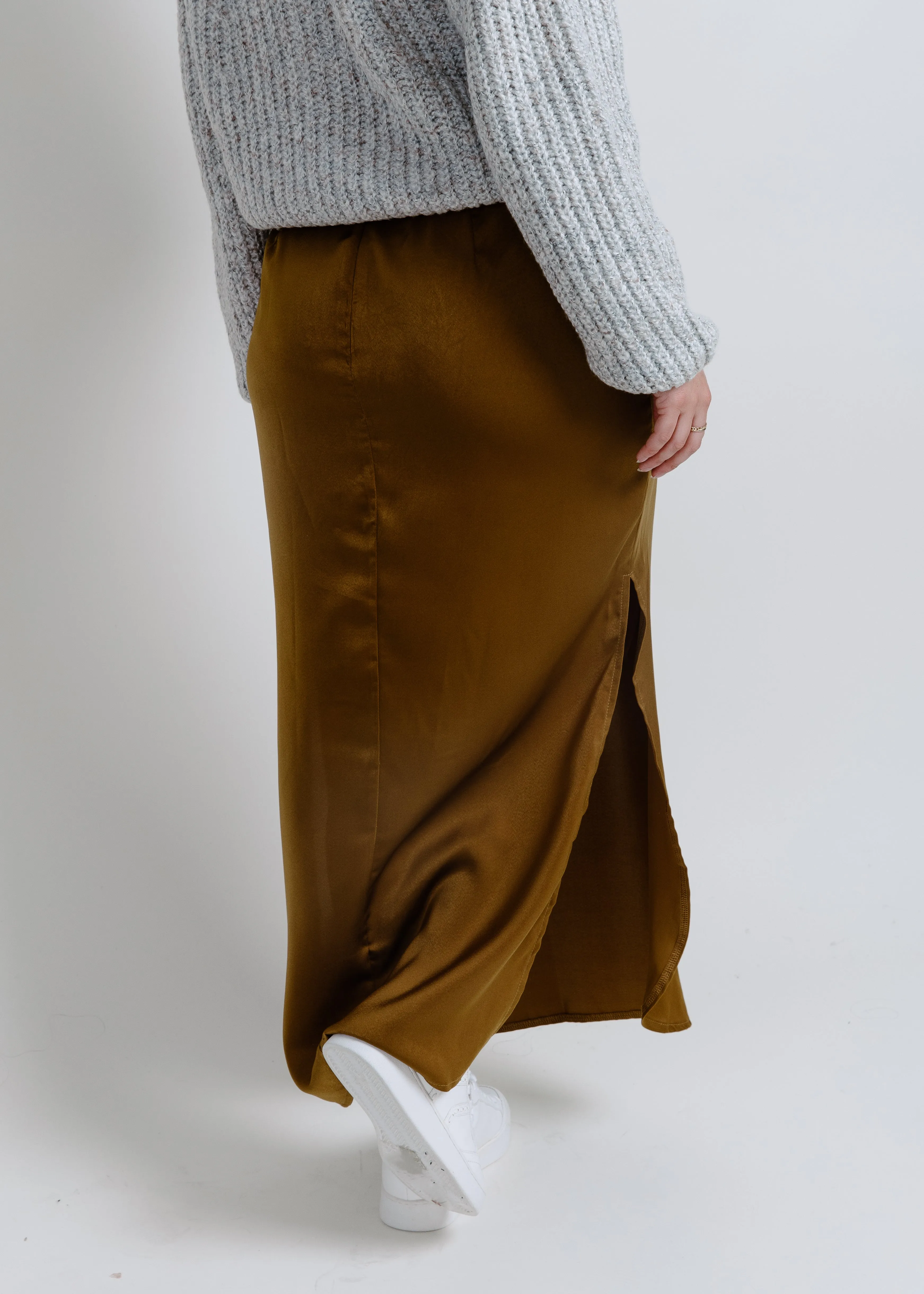 Kaity Satin Side Slit Midi Skirt