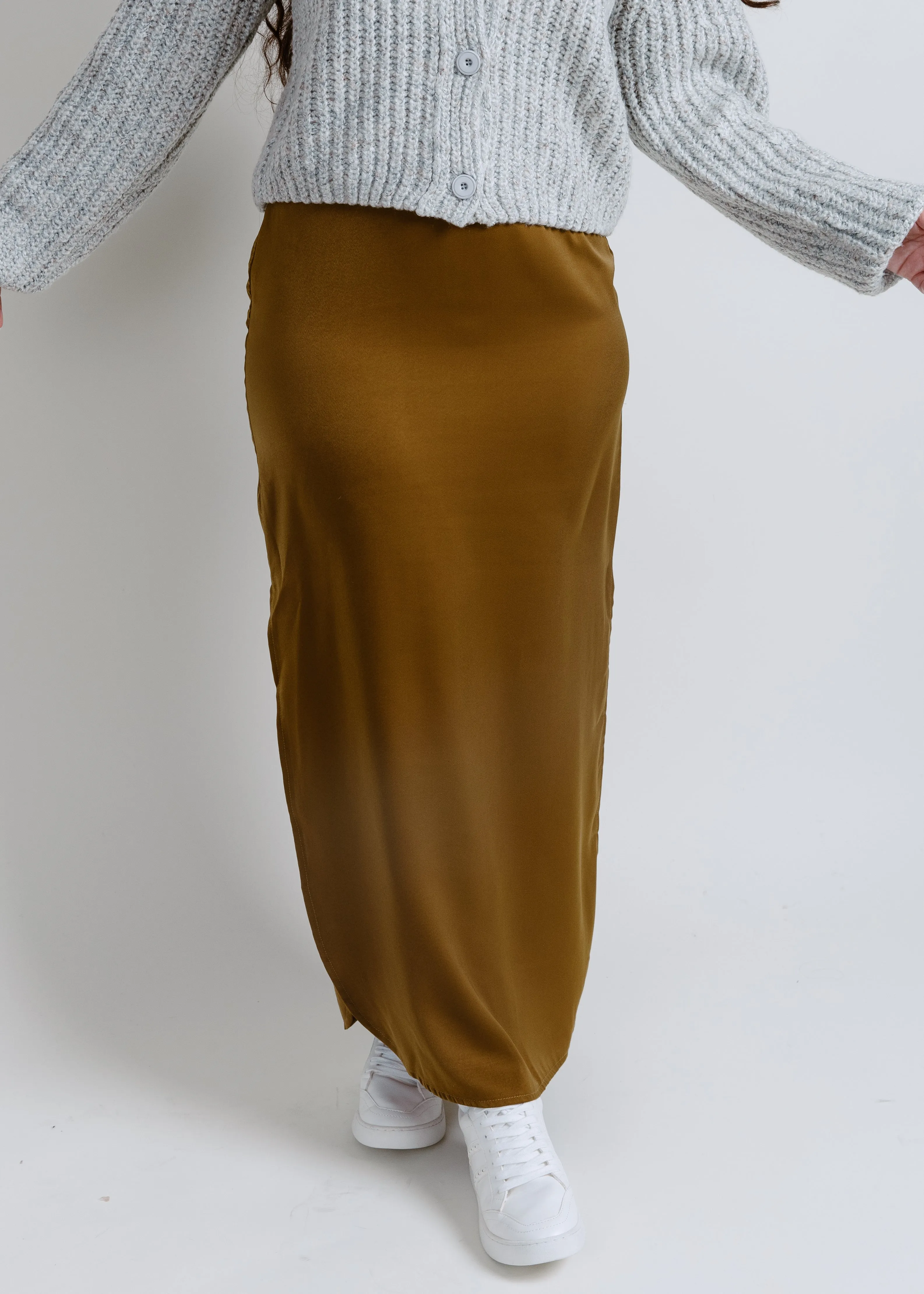 Kaity Satin Side Slit Midi Skirt