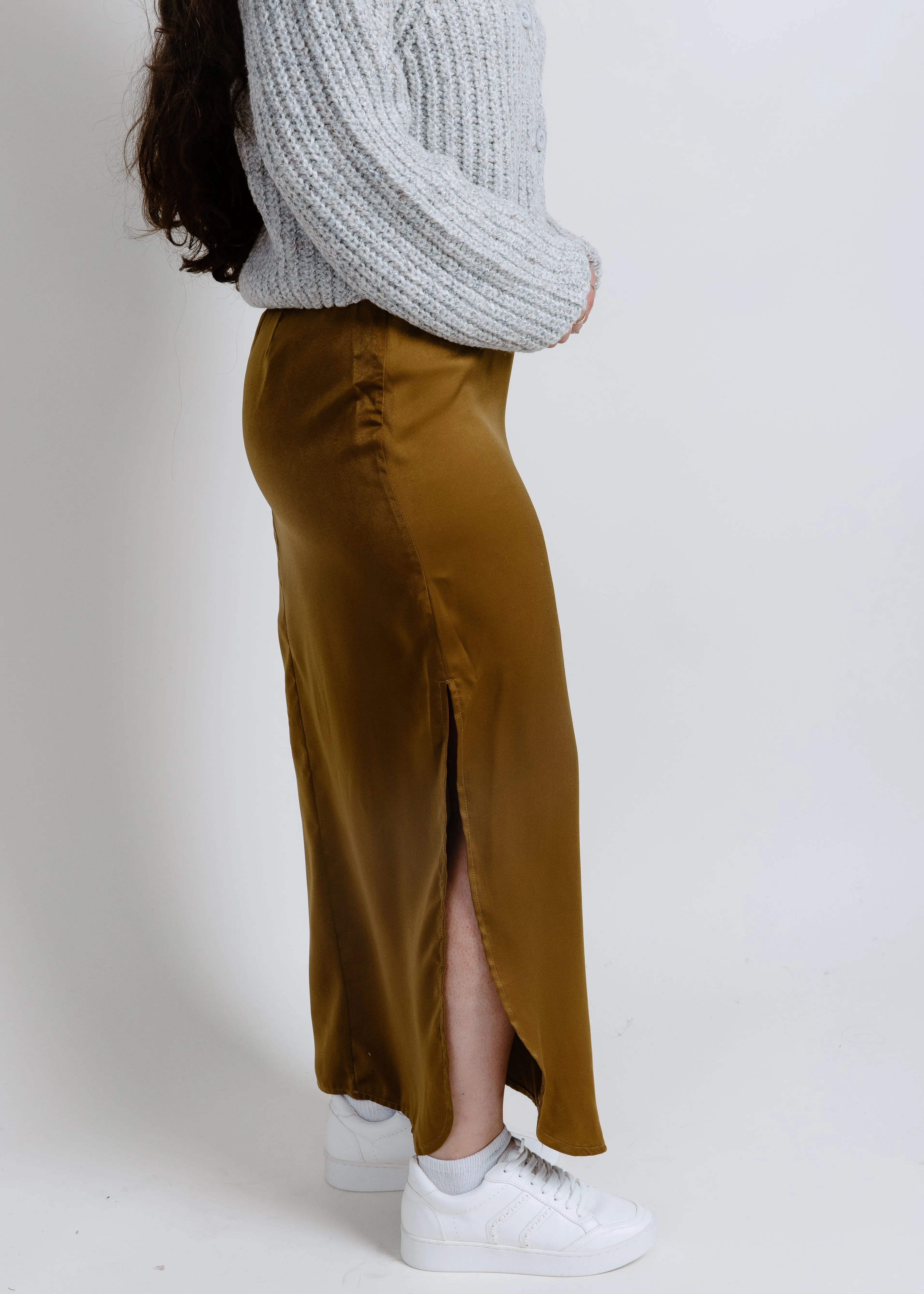 Kaity Satin Side Slit Midi Skirt