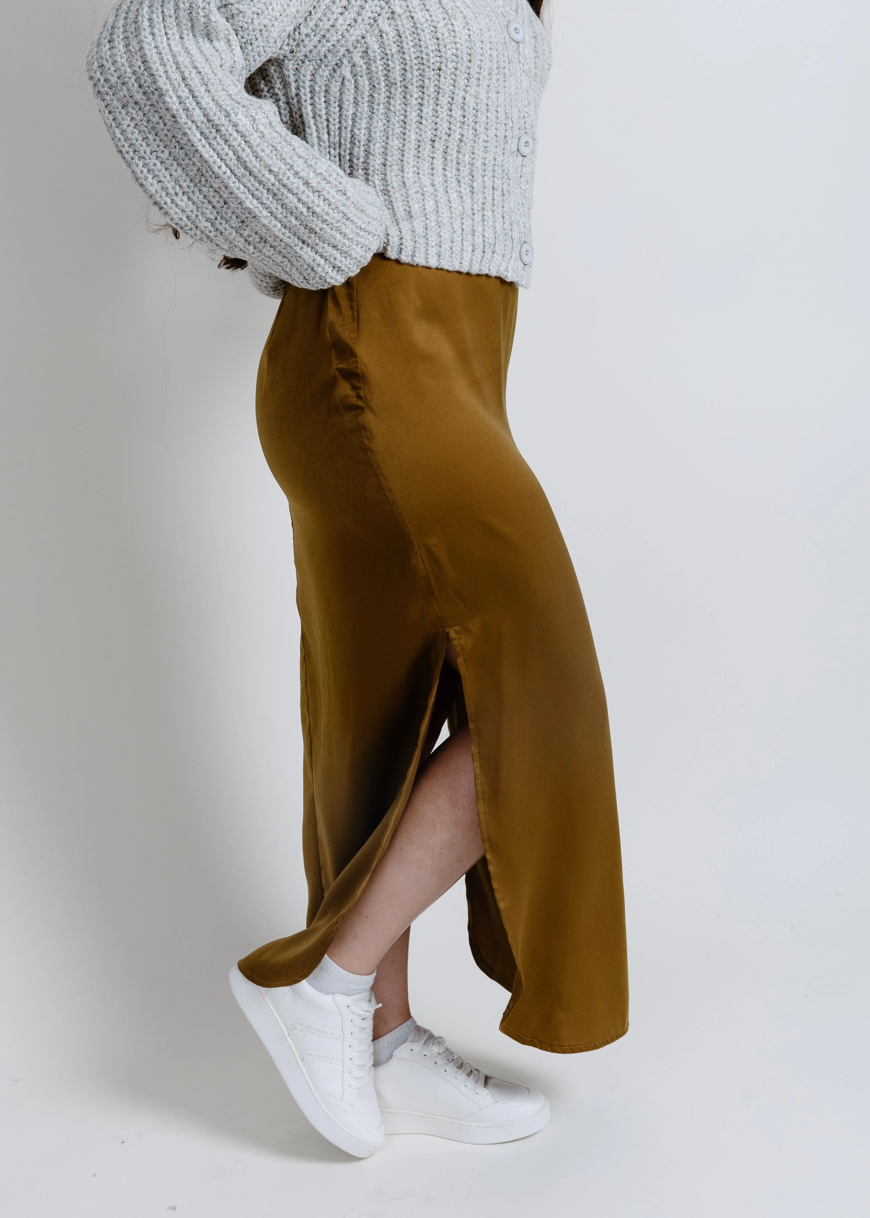Kaity Satin Side Slit Midi Skirt