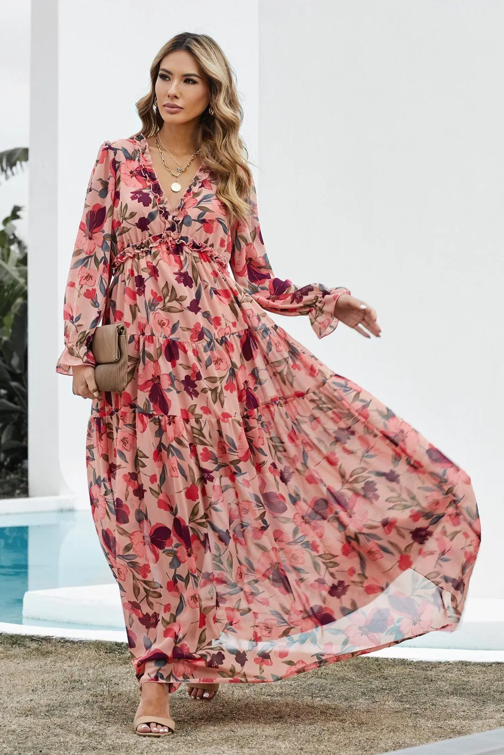 KaleaBoutique Beautiful Wild Lotus Ruffle Tiered Maxi Dress