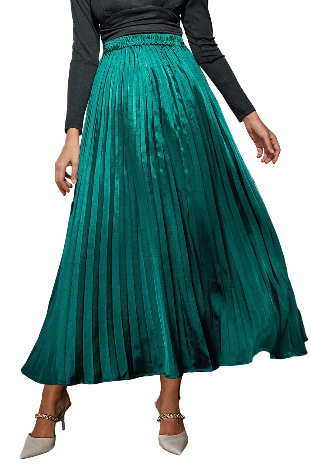 KaleaBoutique Satin Elastic Waist Pleated Maxi Skirt