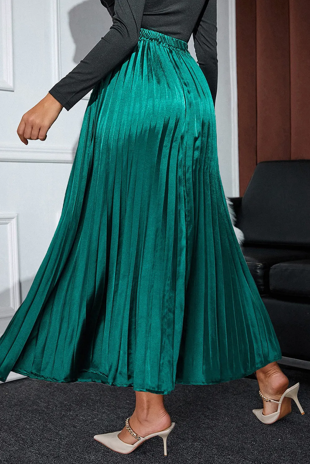 KaleaBoutique Satin Elastic Waist Pleated Maxi Skirt