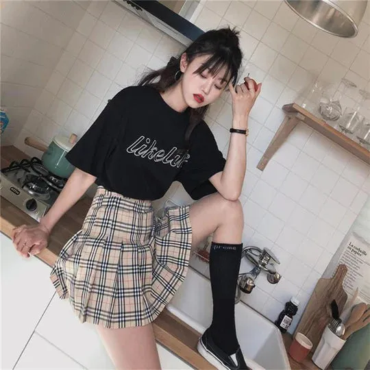 KHAKI PLAID PLEATED SKIRT  UB96050