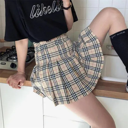 KHAKI PLAID PLEATED SKIRT  UB96050