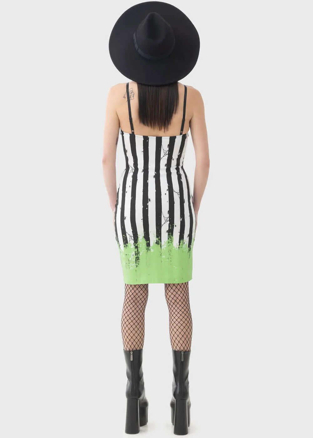 Killstar x Beetlejuice Distressed Stripe Bodycon Dress Black White